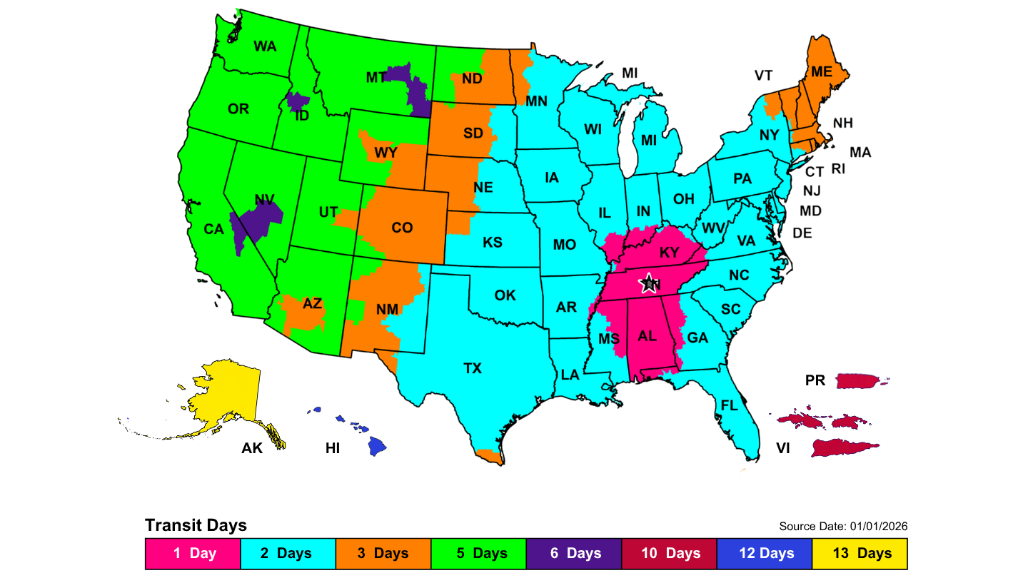 Color-coded shipping map showing transit days to each region